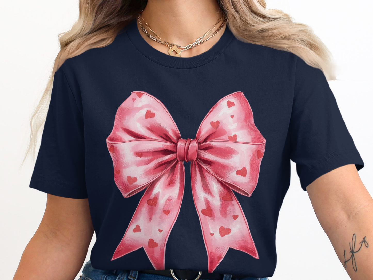 Heart Pattern Pink Ribbon Bow Graphic T-Shirt