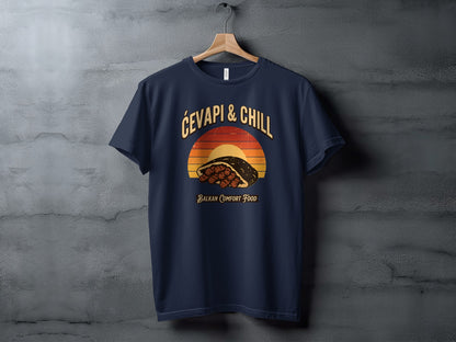Dark blue t-shirt with "Ćevapi & Chill" design and "Balkan Comfort Food" text.