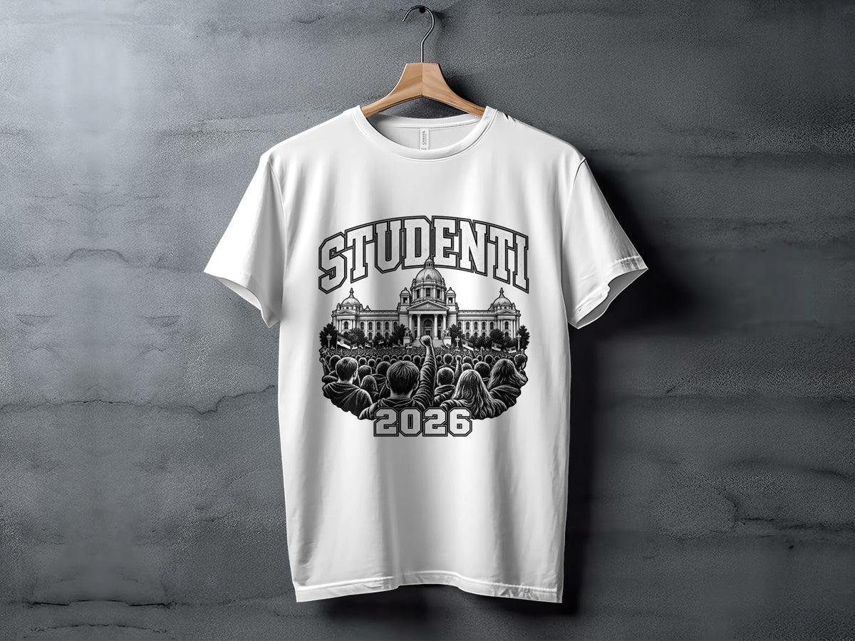 A white short-sleeve t-shirt hanging on a wooden hanger features a black graphic of protesters and the text "STUDENTI 2026".