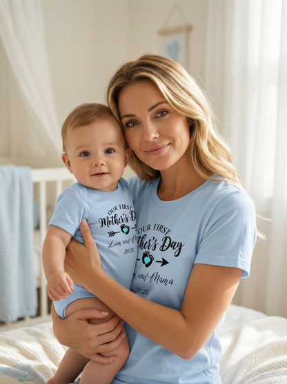 Our First Mothers Day Baby Boy and Mama 2026 Custom T-shirts and Onesie