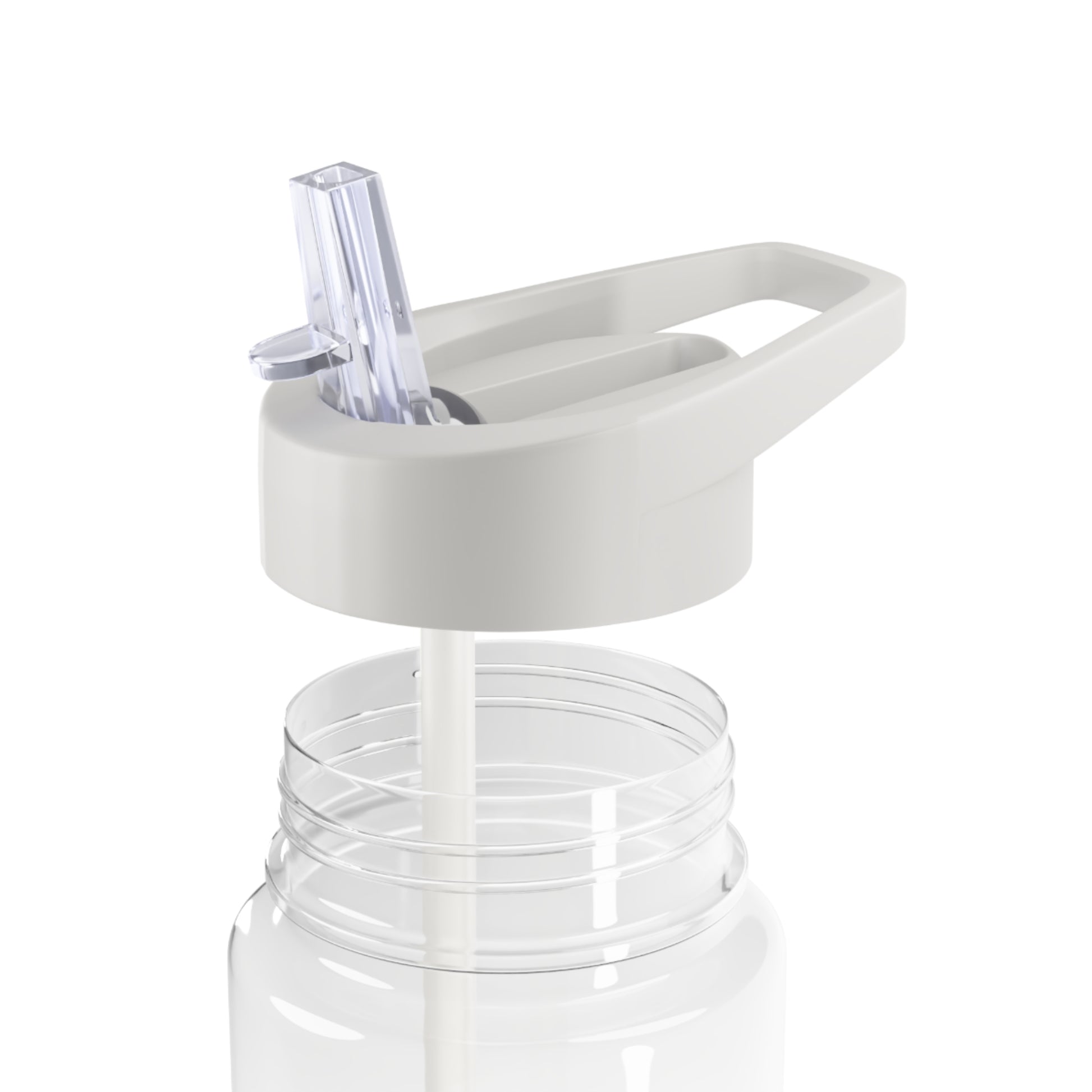 Clear plastic bottle with a white lid and translucent straw.