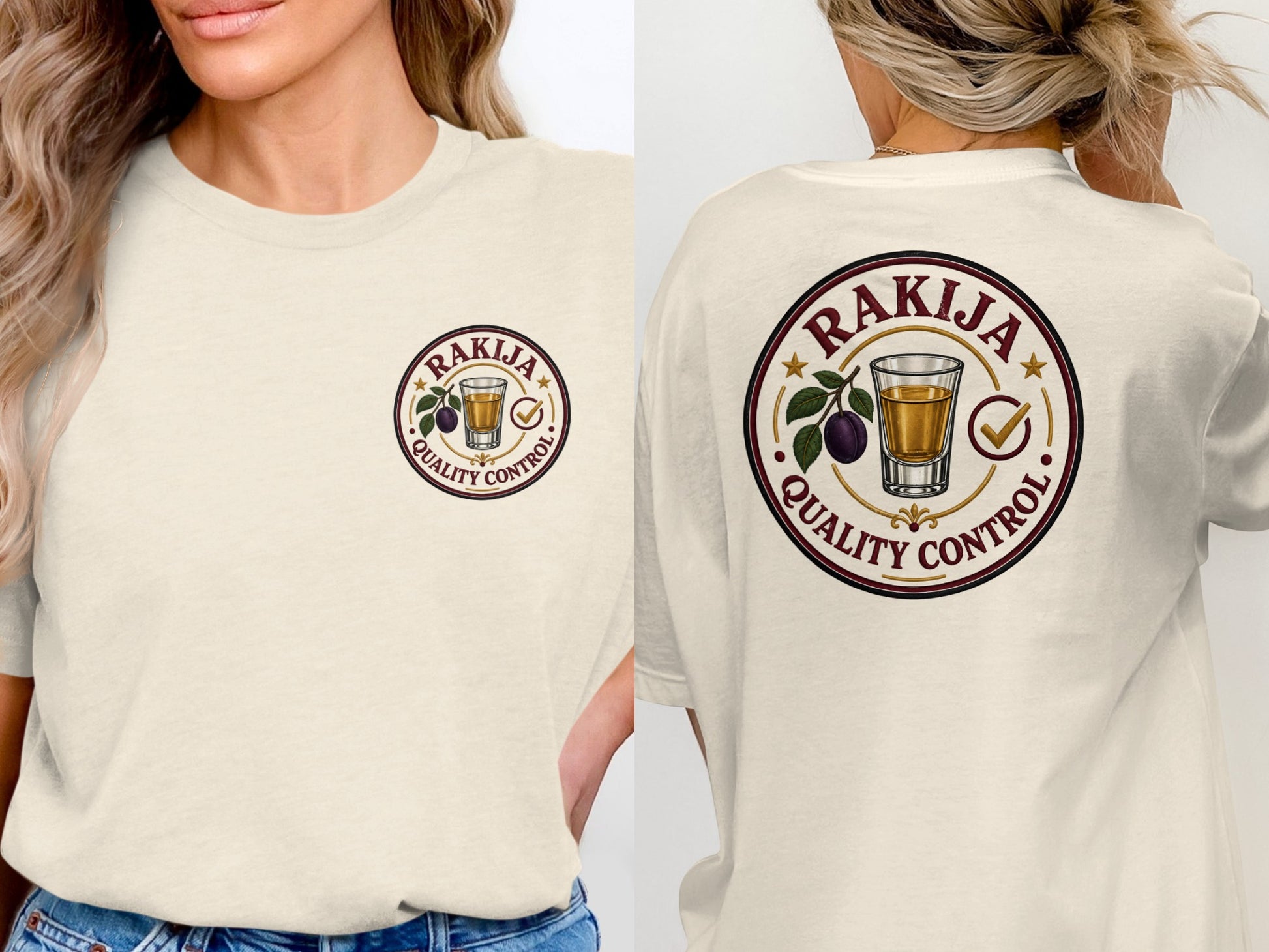 T-shirt with "Rakija Quality Control" circular logo featuring plum and shot glass.