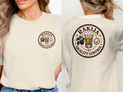 T-shirt with "Rakija Quality Control" circular logo featuring plum and shot glass.