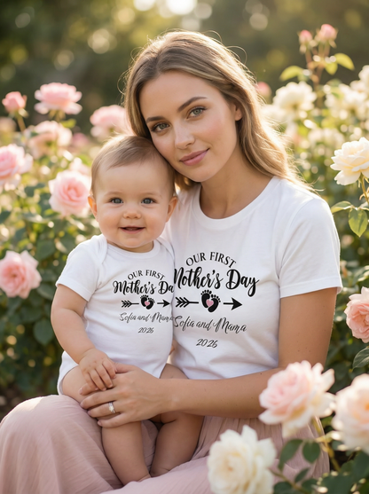 Our First Mother's Day Baby Girl and Mama 2026 Personalized T-shirt and Onesie