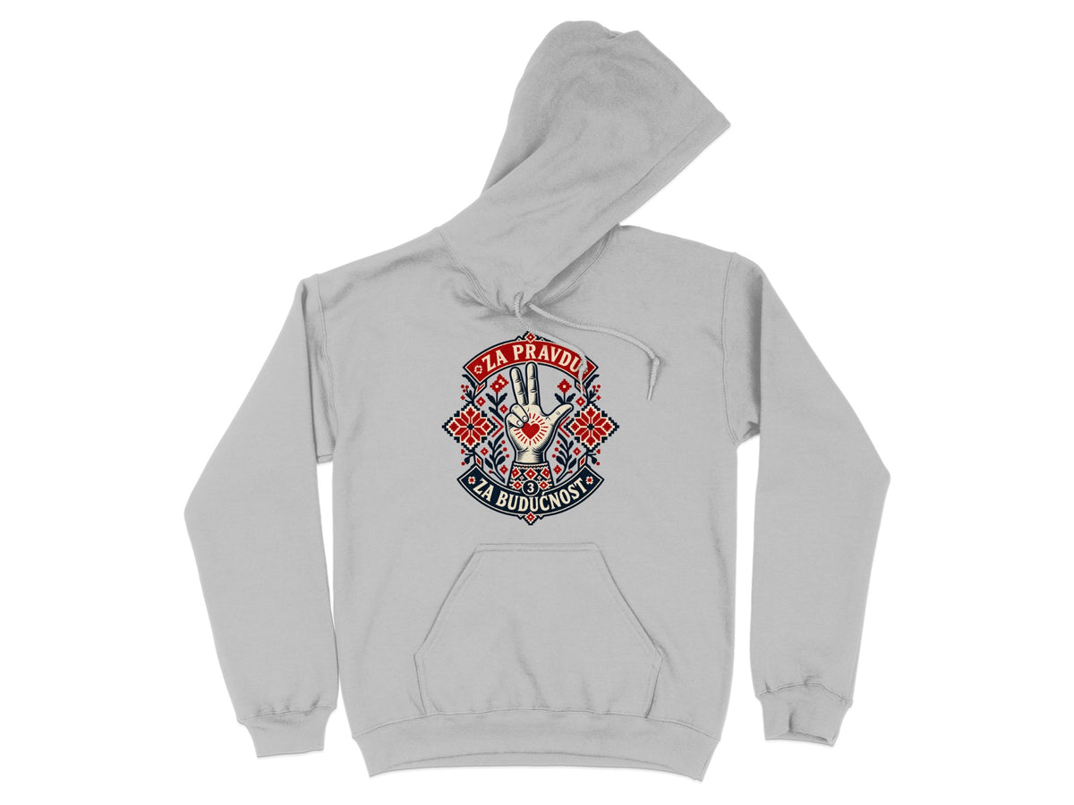 A grey hooded sweatshirt featuring a front graphic with embroidered-style patterns, a hand gesture, and Serbian text.