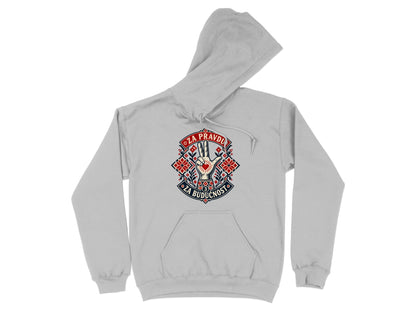 A grey hooded sweatshirt featuring a front graphic with embroidered-style patterns, a hand gesture, and Serbian text.
