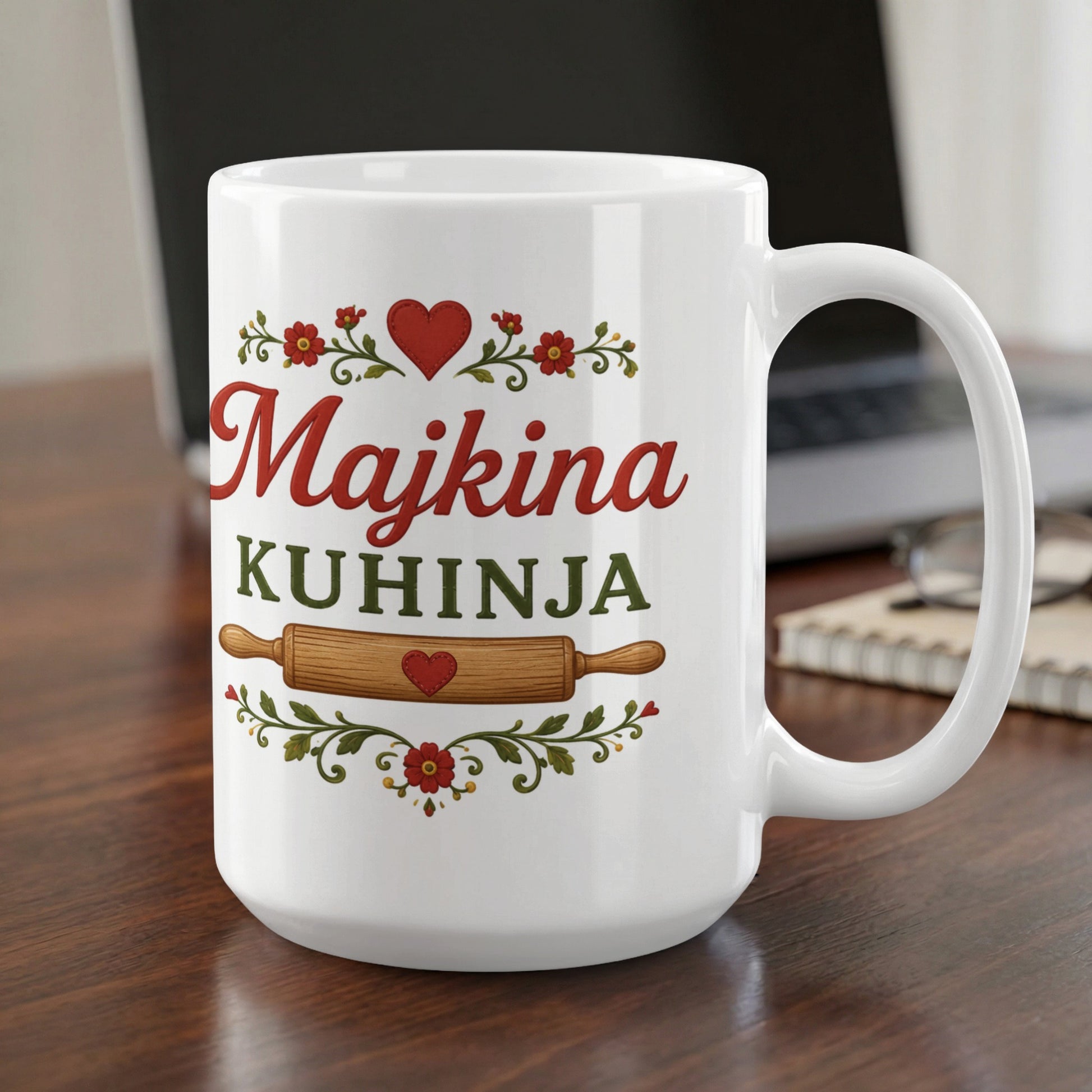 White mug with text "Majkina Kuhinja" and a rolling pin design.