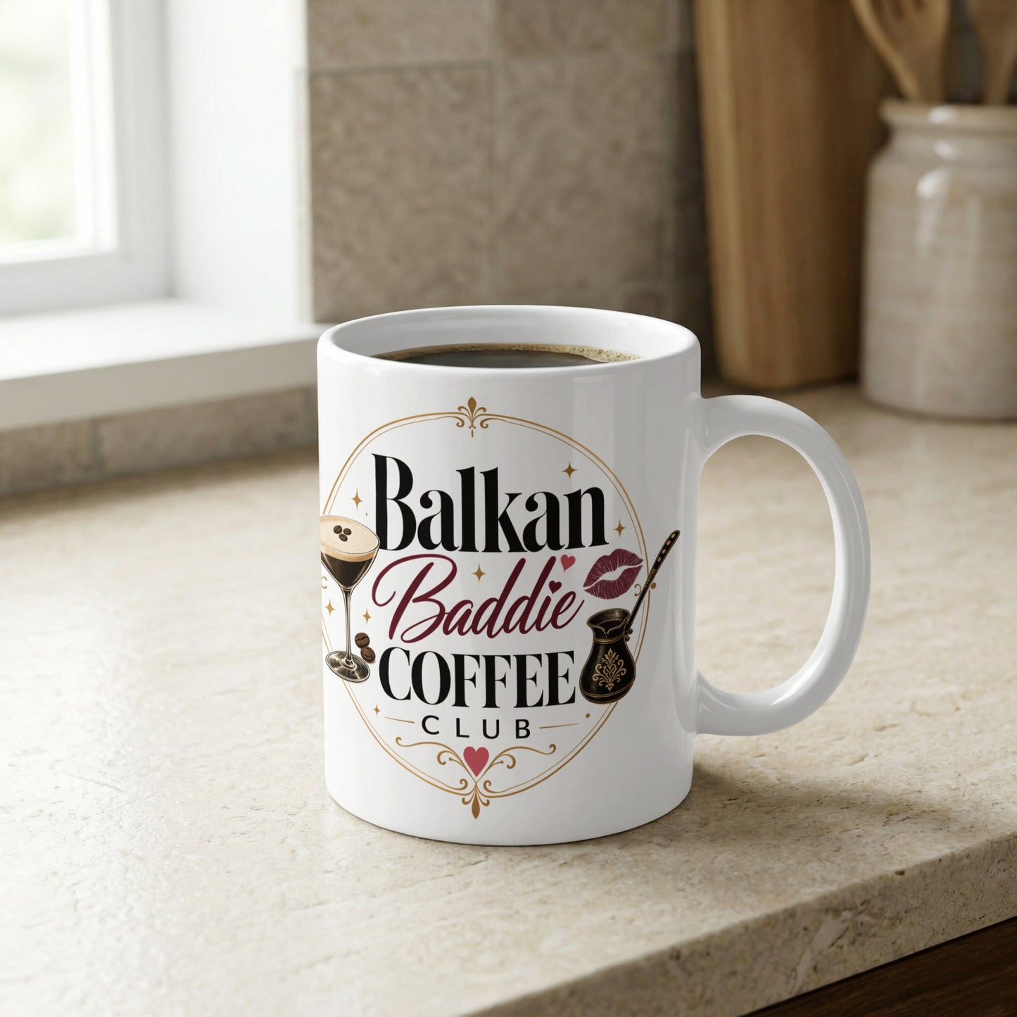 White ceramic mug with "Balkan Baddie Coffee Club" text and coffee-themed graphics.