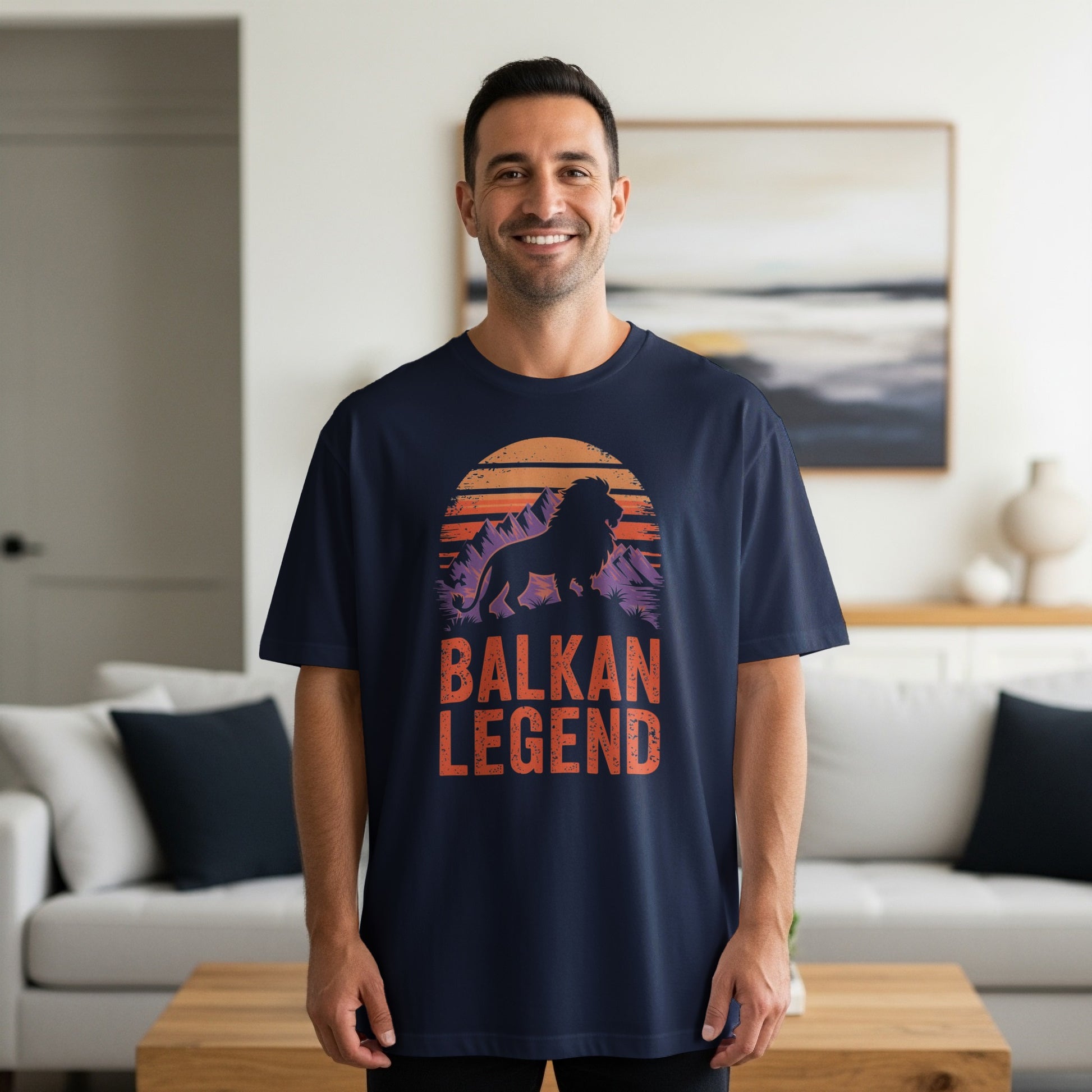 Man wearing dark t-shirt with "BALKAN LEGEND" and lion graphic.