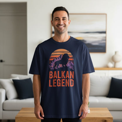Man wearing dark t-shirt with "BALKAN LEGEND" and lion graphic.