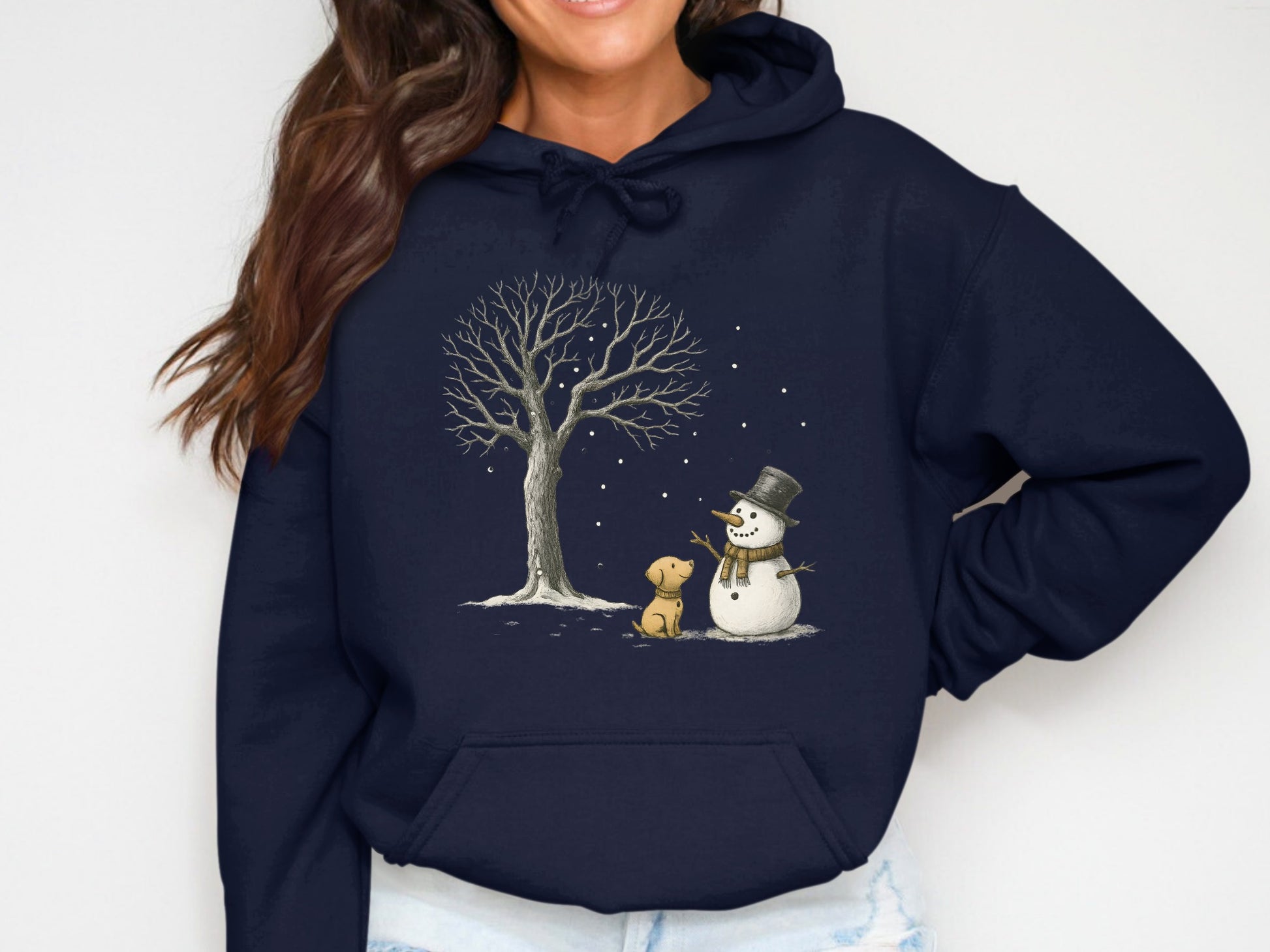 Snowman with Dog Tree Hoodie Winter Apparel