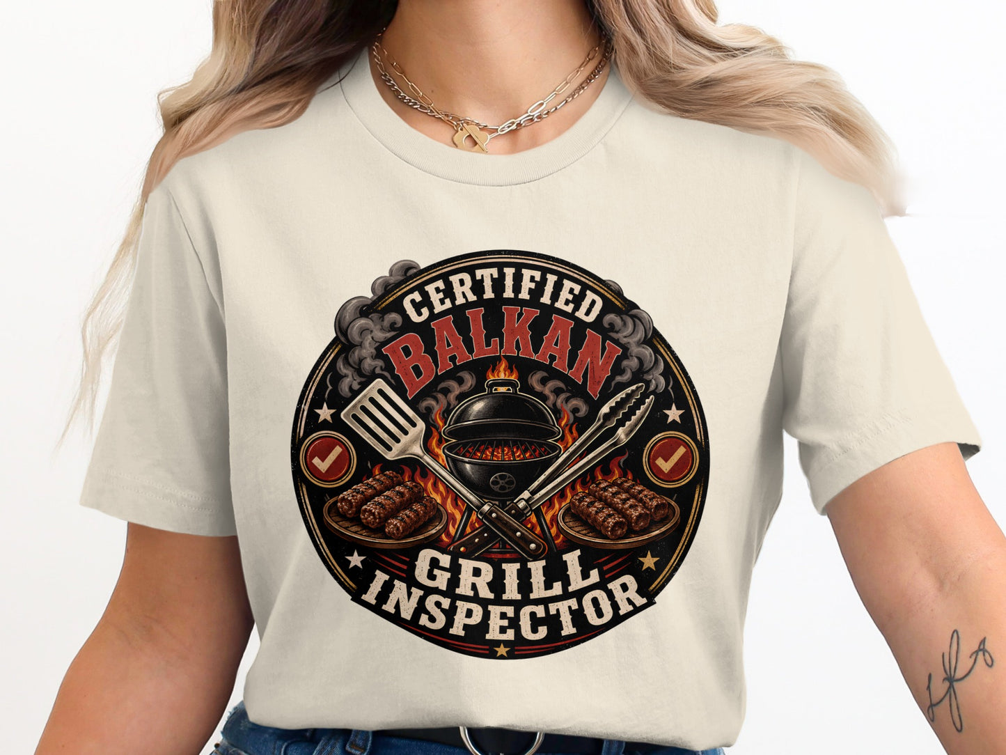 Certified Balkan Grill Inspector text with grill, tongs, and steaks graphic.