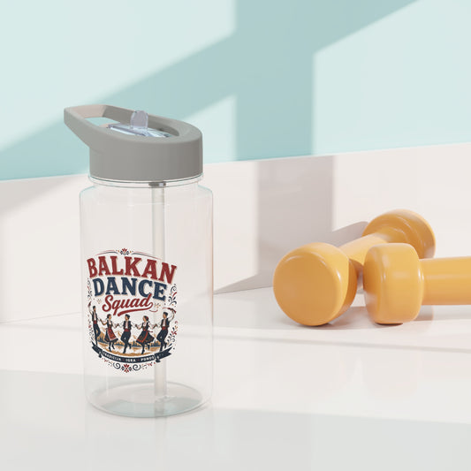 Clear water bottle with Balkan Dance Squad logo, featuring dancers and text.