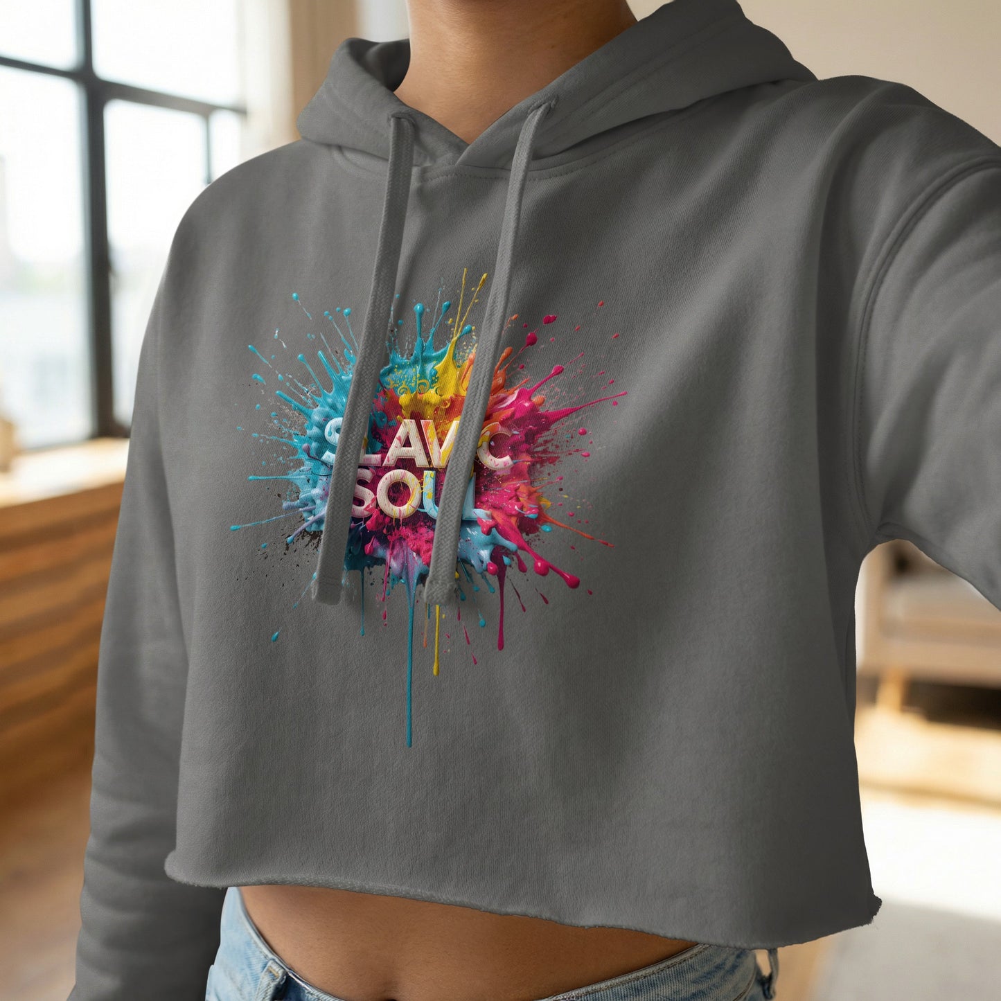 Gray Crop Hoodie Slavic Soul Splatter Design product type
