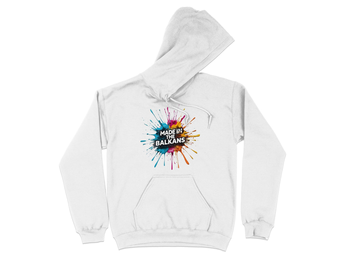 White vibrant splash MADE IN THE BALKANS design hoodie