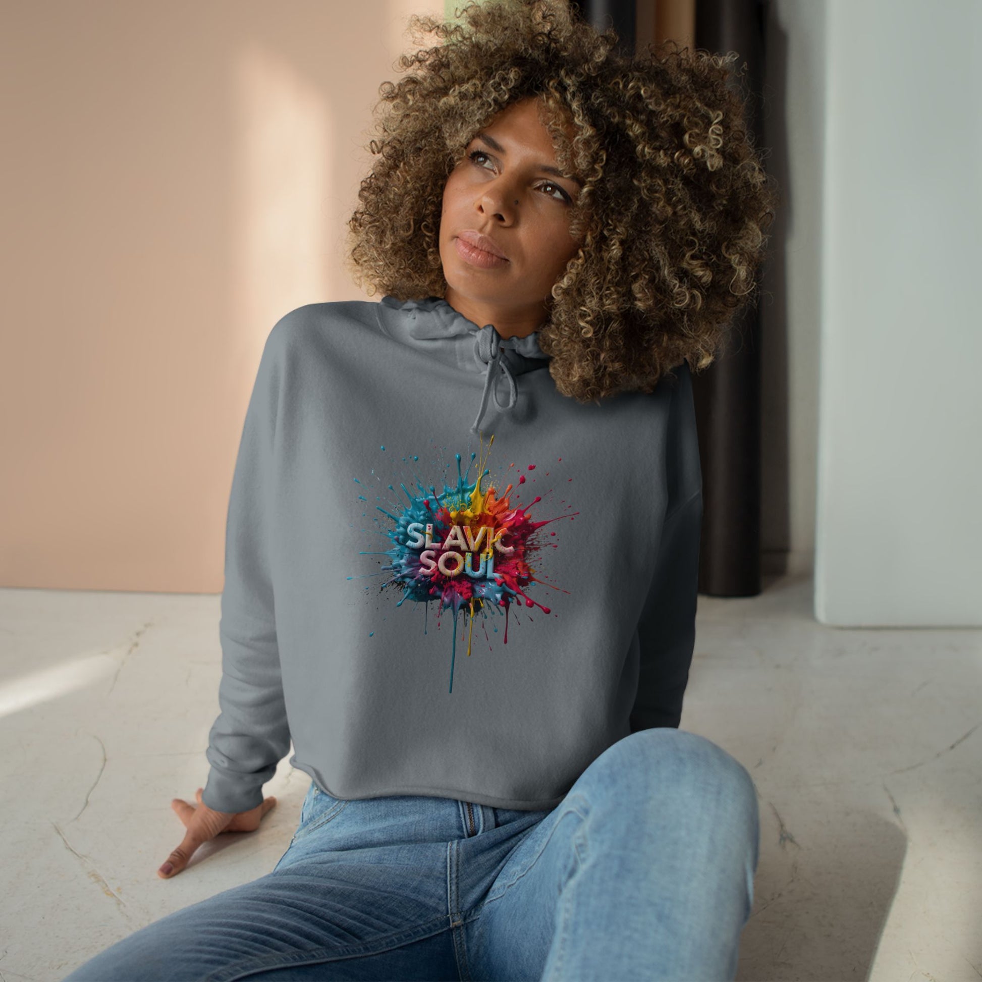 Gray Slavic Soul Paint Splash Cropped Hoodie product type