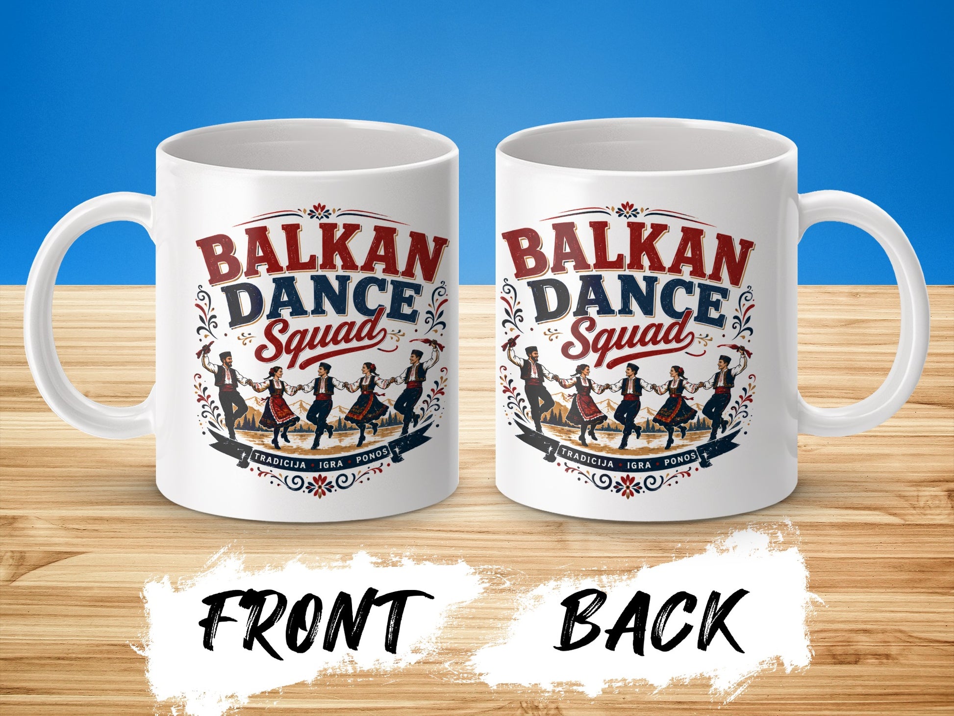Two white mugs featuring "BALKAN DANCE Squad" and dancers.