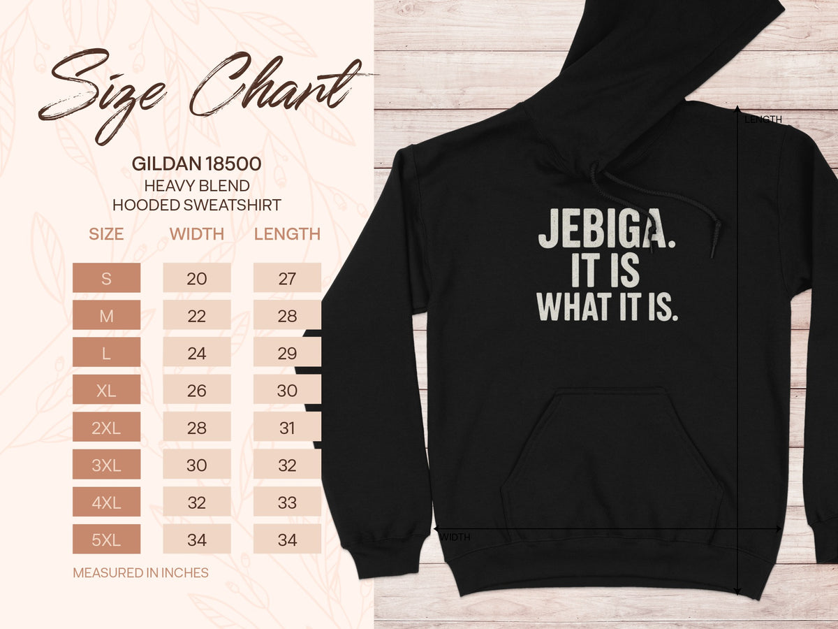 Size chart for Gildan 18500 heavy blend hooded sweatshirt.