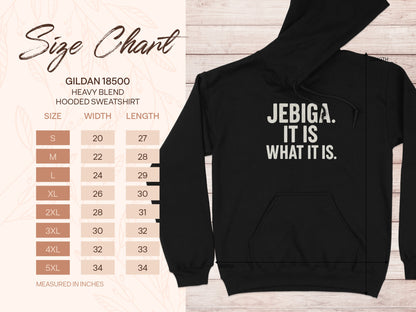 Size chart for Gildan 18500 heavy blend hooded sweatshirt.
