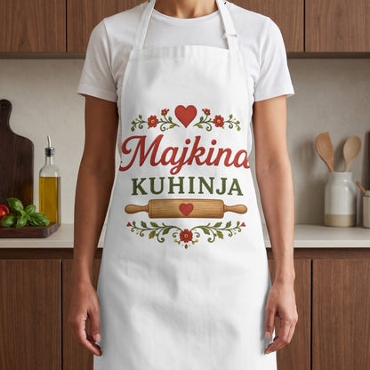 White apron with "Majkina Kuhinja" text, heart, and rolling pin graphic.