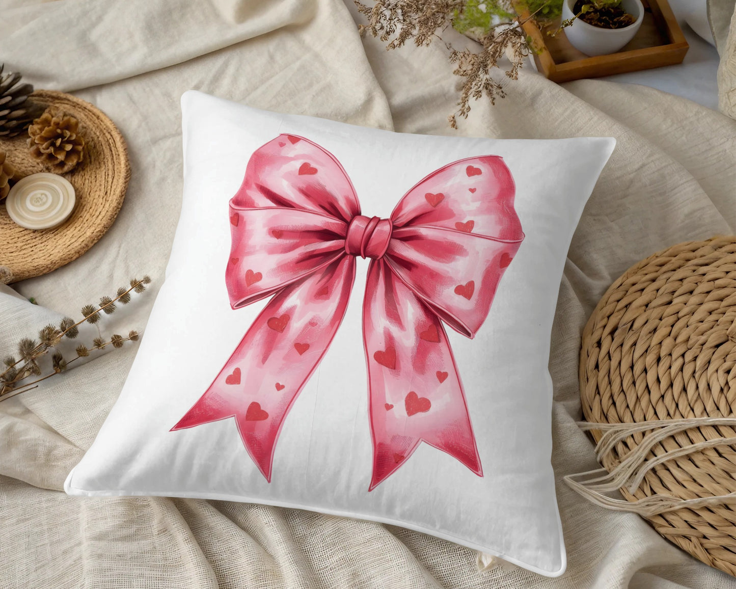 Decorative Pillow with Pink Bow and Hearts Design