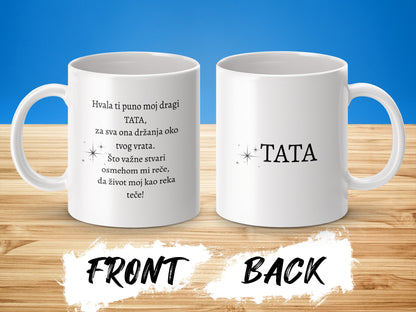 White mug with Croatian text praising "TATA" on front and back.