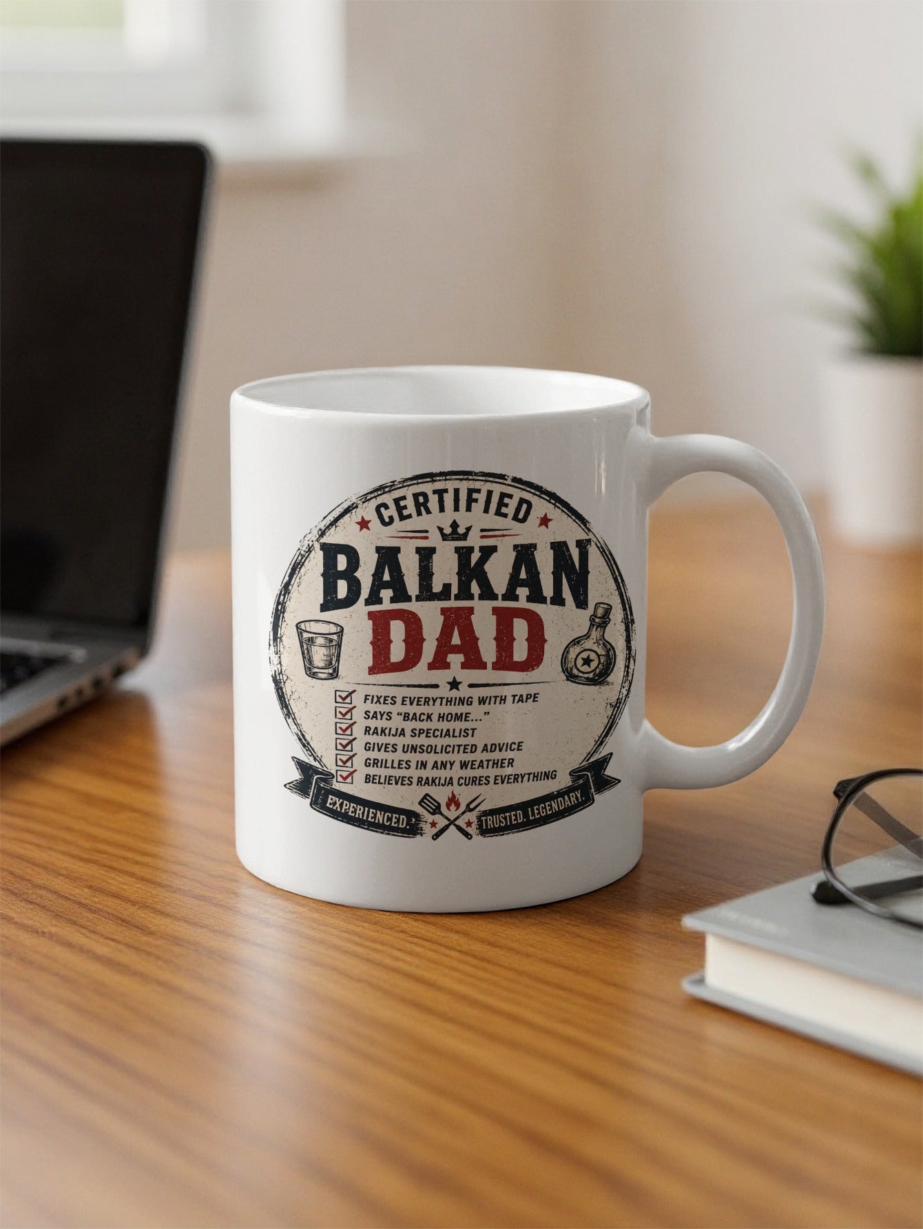 Certified Balkan Dad mug with humorous text about fixing things and rakija.