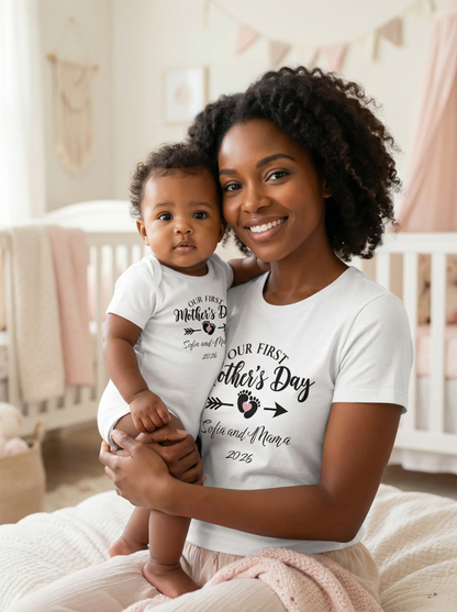 Our First Mother's Day Baby Girl and Mama 2026 Personalized T-shirt and Onesie