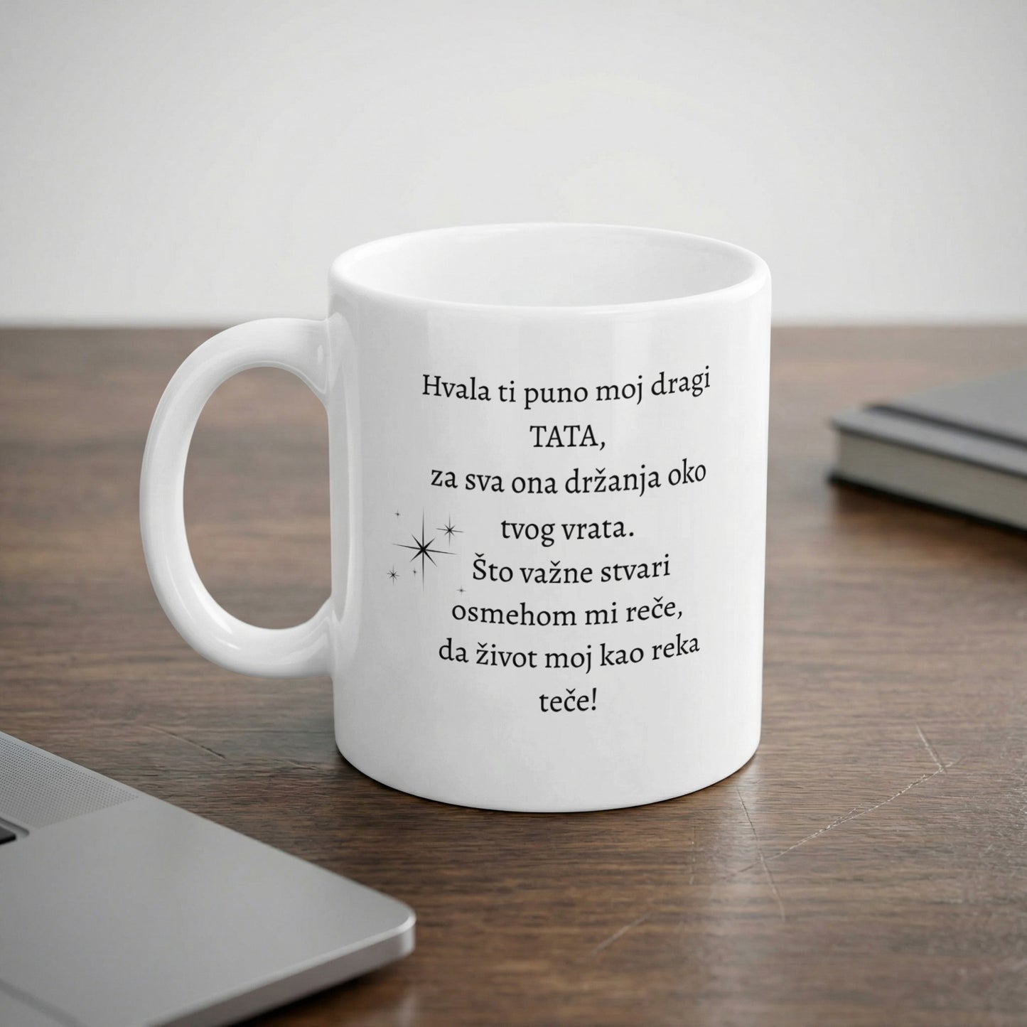 White mug with Serbian text thanking Dad for life lessons and hugs.