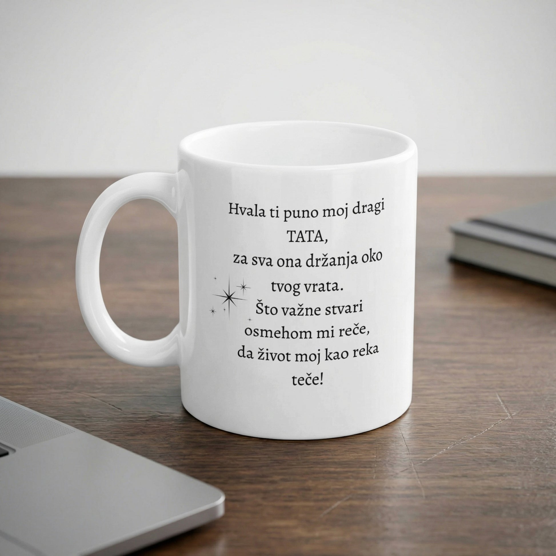 White mug with Serbian text thanking Dad for life lessons and hugs.