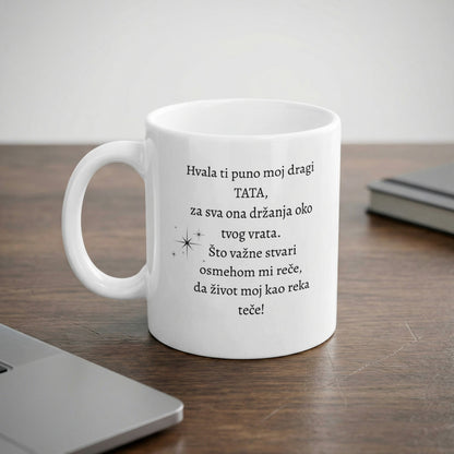 White mug with Serbian text thanking Dad for life lessons and hugs.