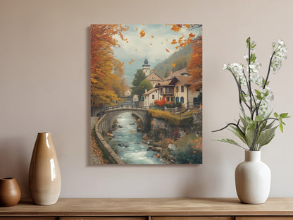 Serene Village Autumn Scene with Bridge Wall Art product