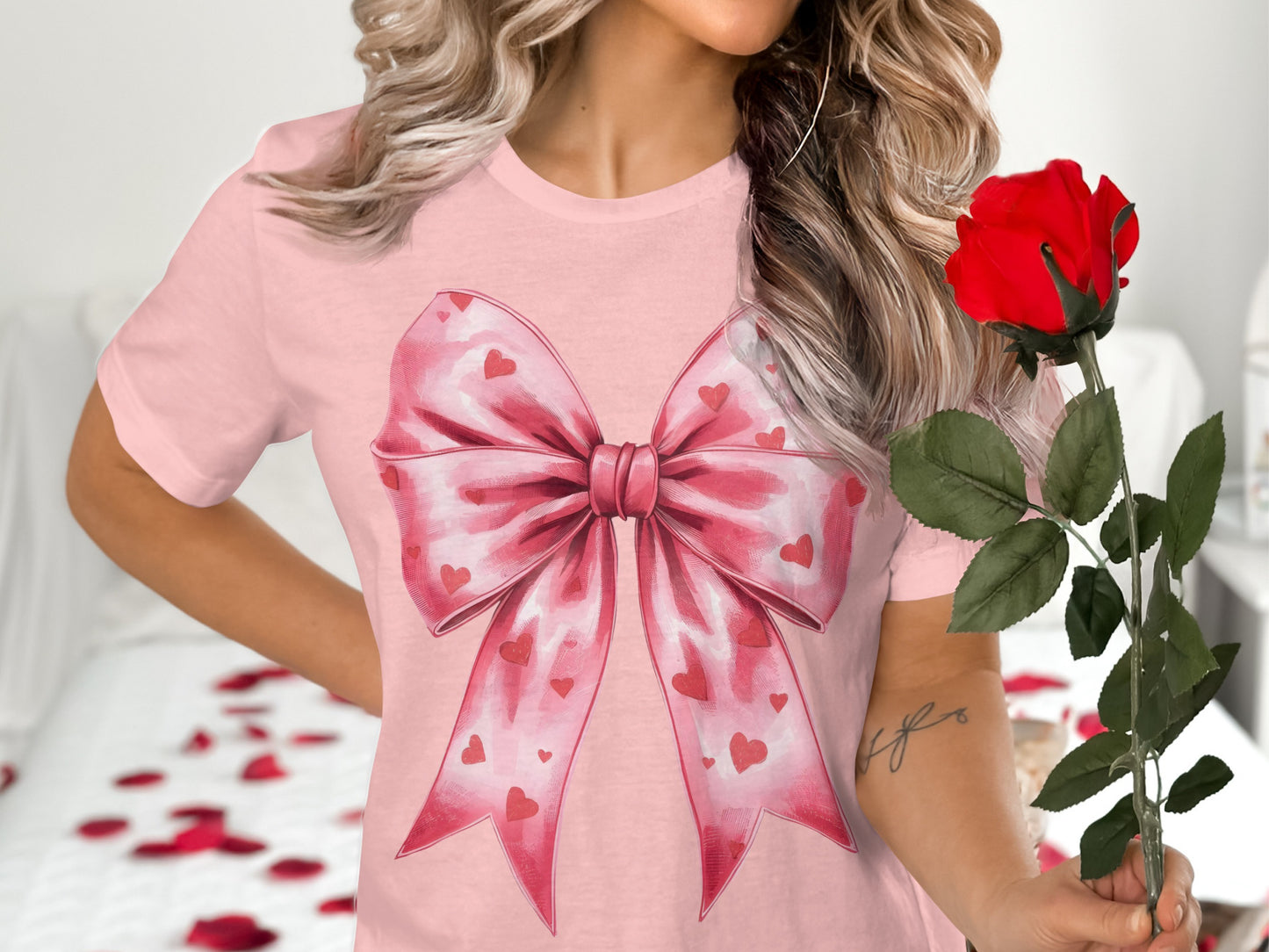 Pink T-Shirt with Large Heart Bow Graphic Design