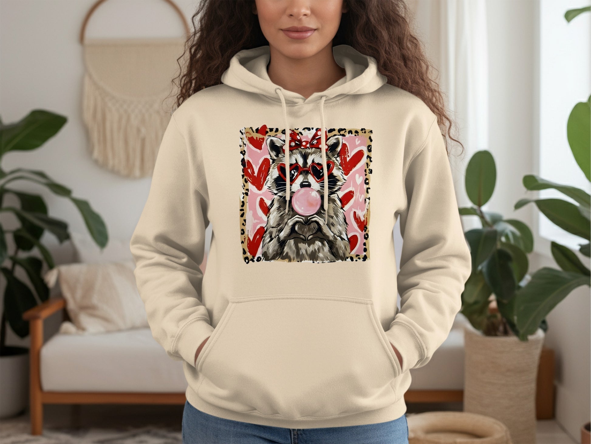 Cute Raccoon with Hearts Design on Beige Hoodie Product