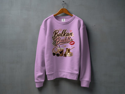 Lavender crewneck sweatshirt with "Balkan Baddie" text and coffee-themed graphics.