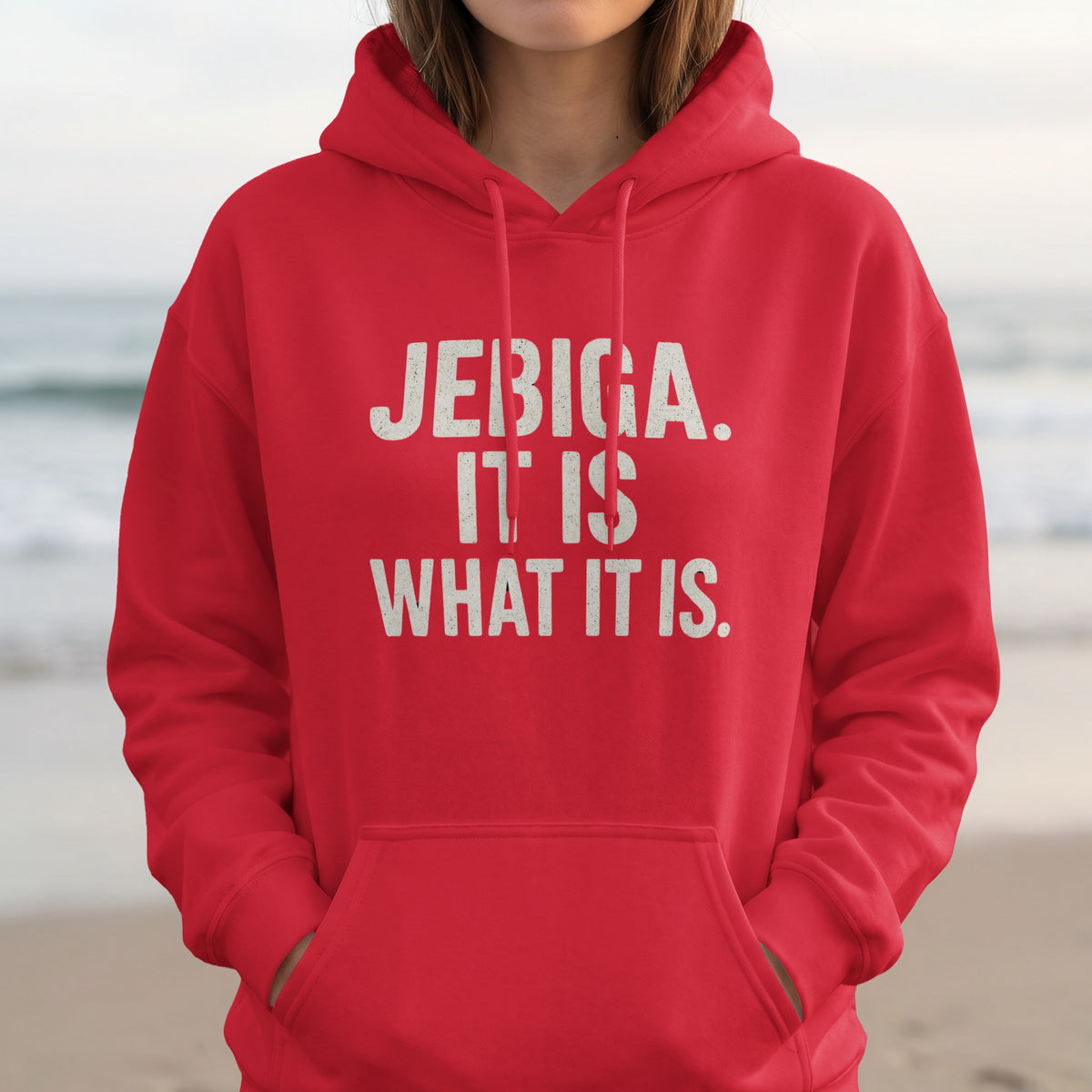 Red hoodie with white text: Jebiga. It is what it is.