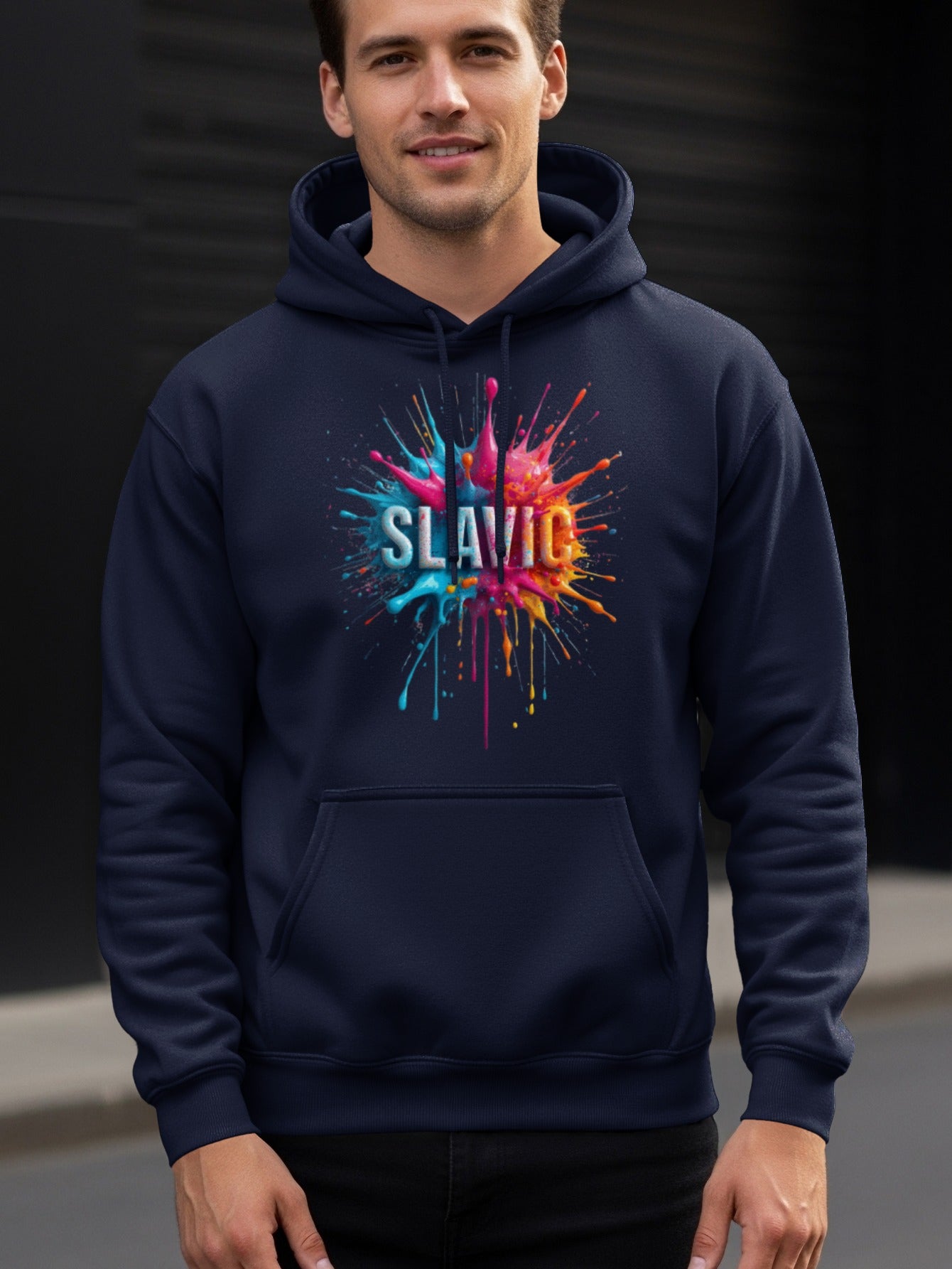 Navy Blue Hoodie Slavic Colorful Paint Splatter product type