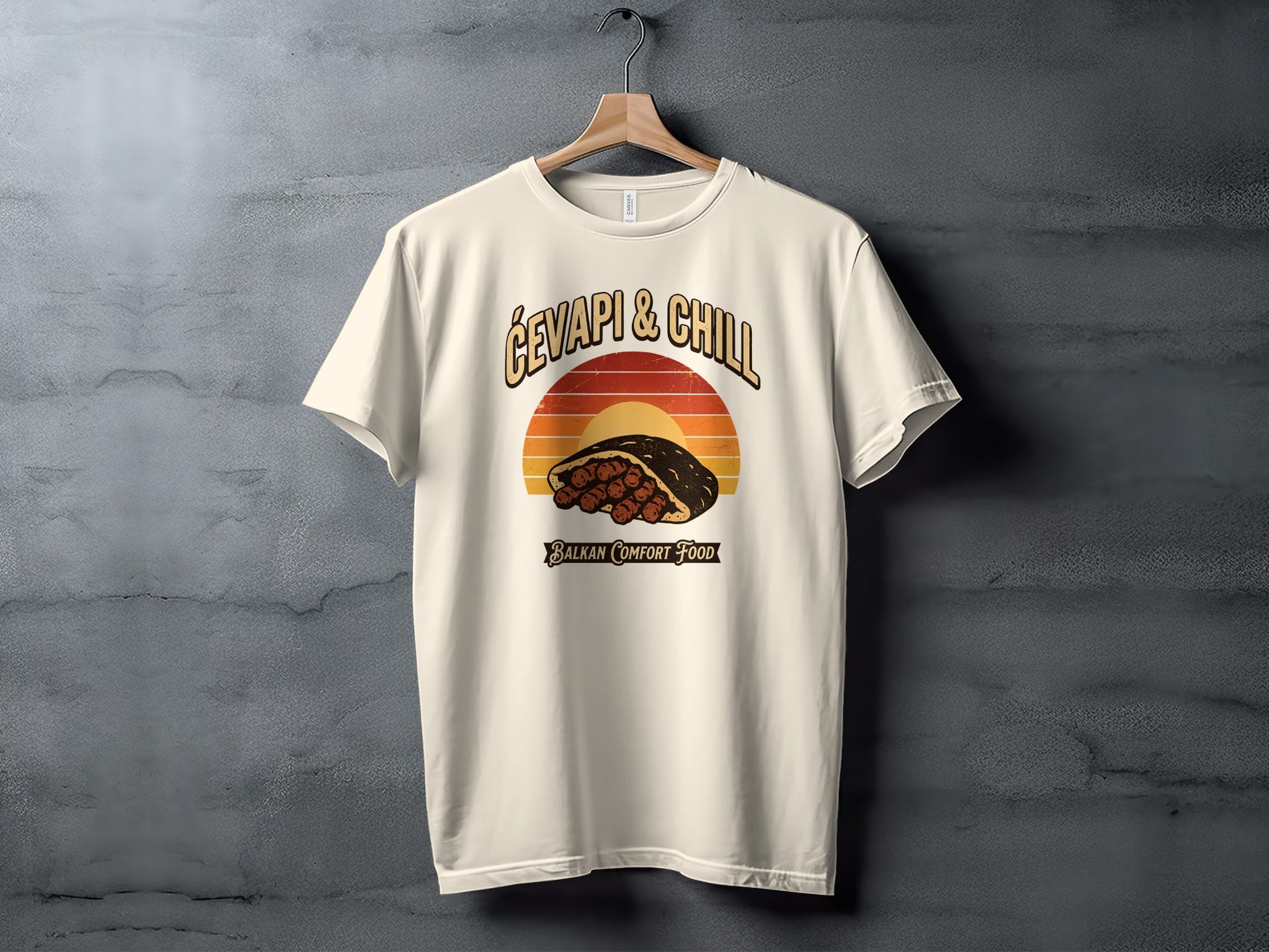 Cevapi & Chill graphic on a cream t-shirt with Balkan comfort food text.