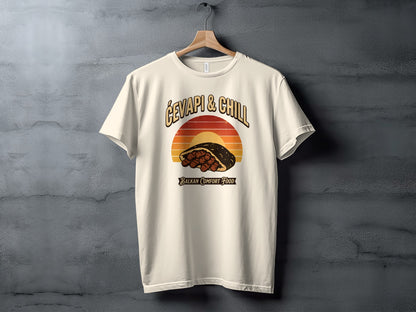 Cevapi & Chill graphic on a cream t-shirt with Balkan comfort food text.