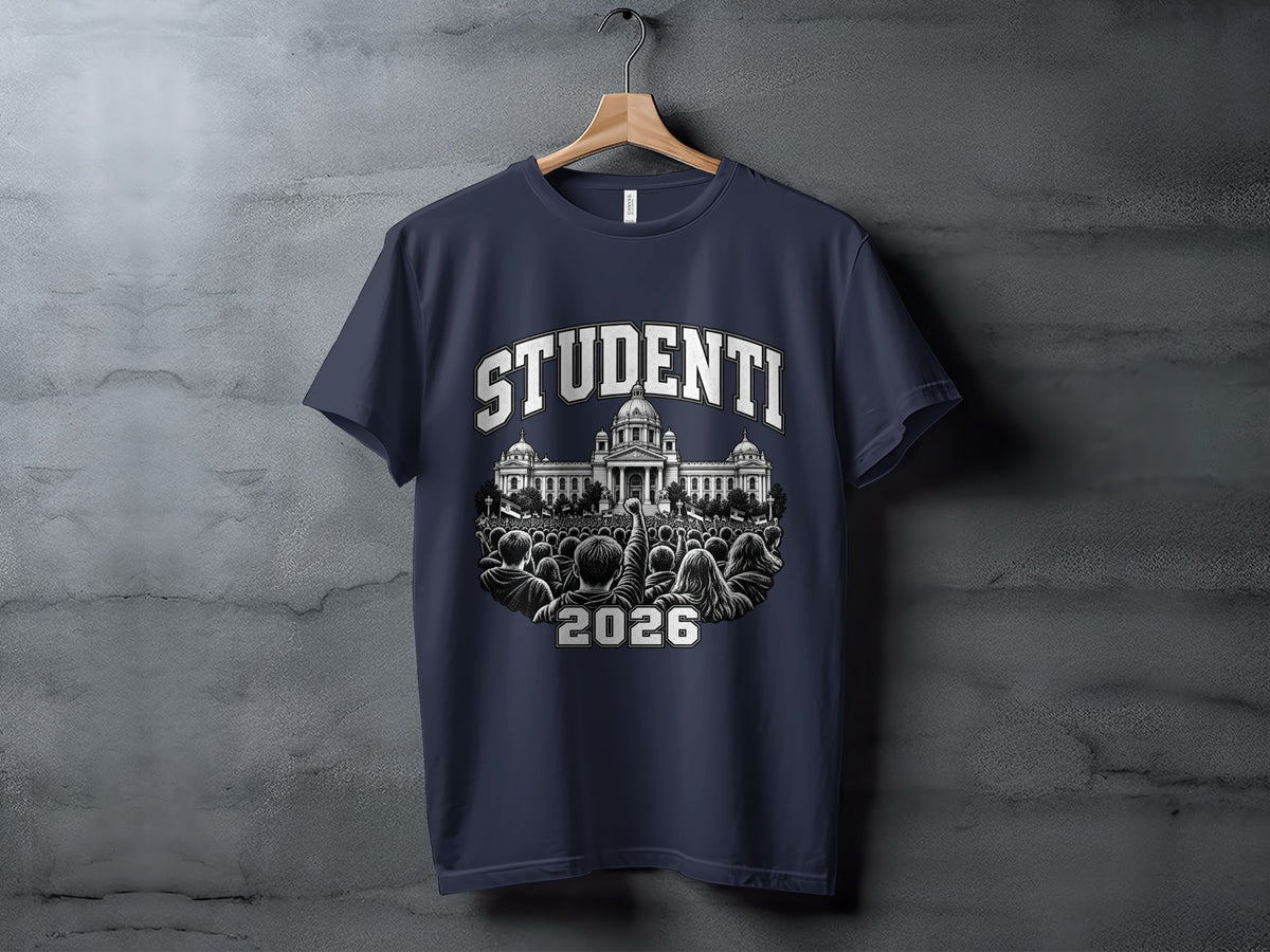 A dark blue t-shirt hanging on a wooden hanger, featuring a graphic of a crowd protesting in front of a government building, with the text "STUDENTI 2026".