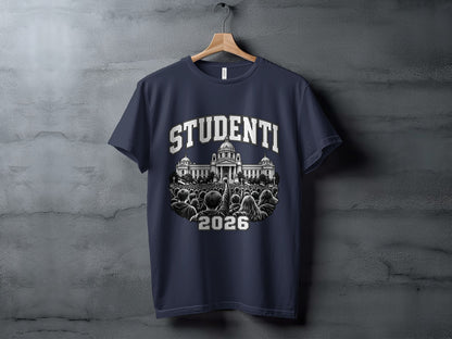 A dark blue t-shirt hanging on a wooden hanger, featuring a graphic of a crowd protesting in front of a government building, with the text "STUDENTI 2026".