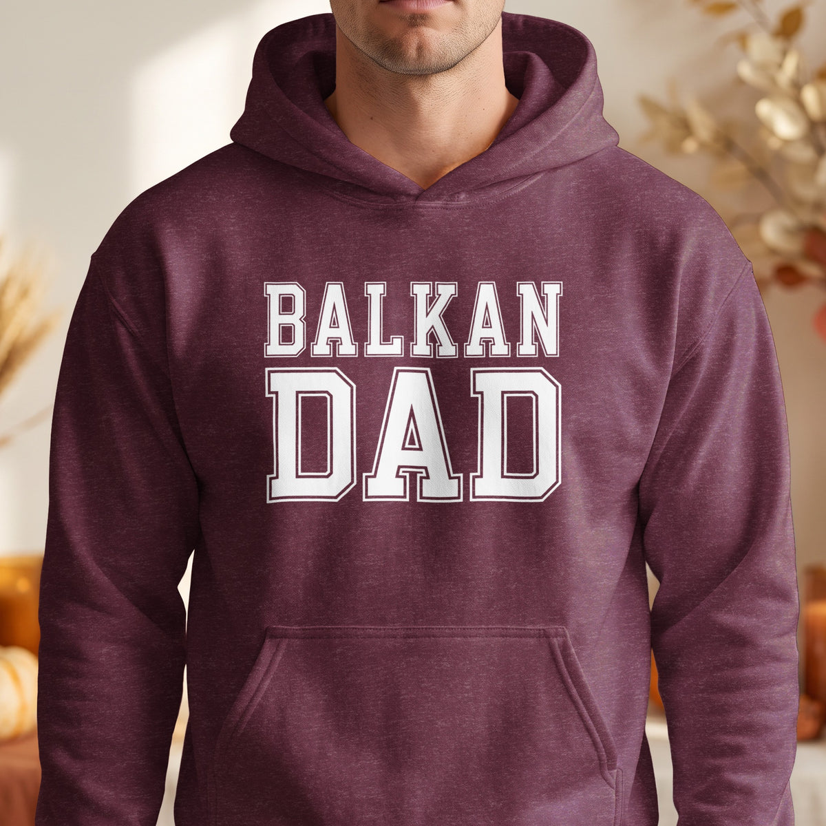 Maroon hoodie with white text "BALKAN DAD" on the front.