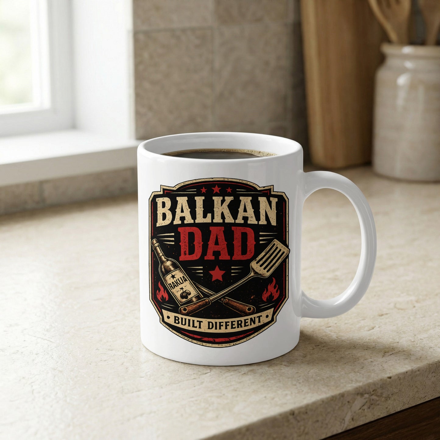 Mug with "Balkan Dad Built Different" text, spatula, and grill graphic.