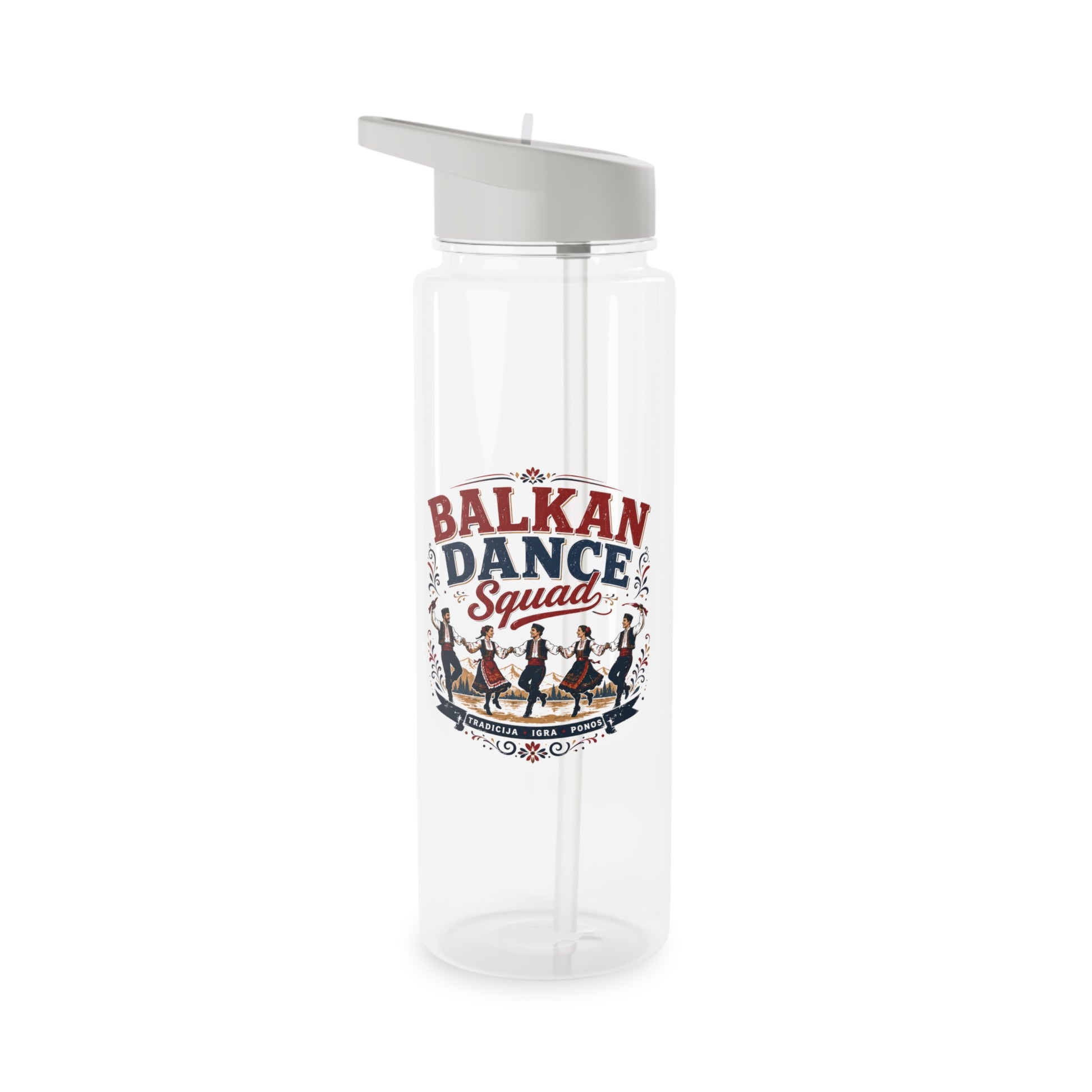 Clear water bottle with gray lid and straw, featuring "BALKAN DANCE Squad" text and dancers.