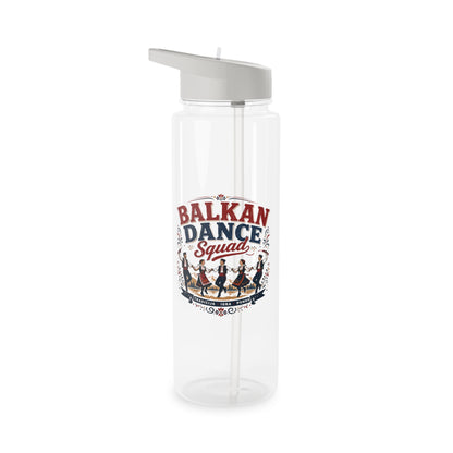 Clear water bottle with gray lid and straw, featuring "BALKAN DANCE Squad" text and dancers.