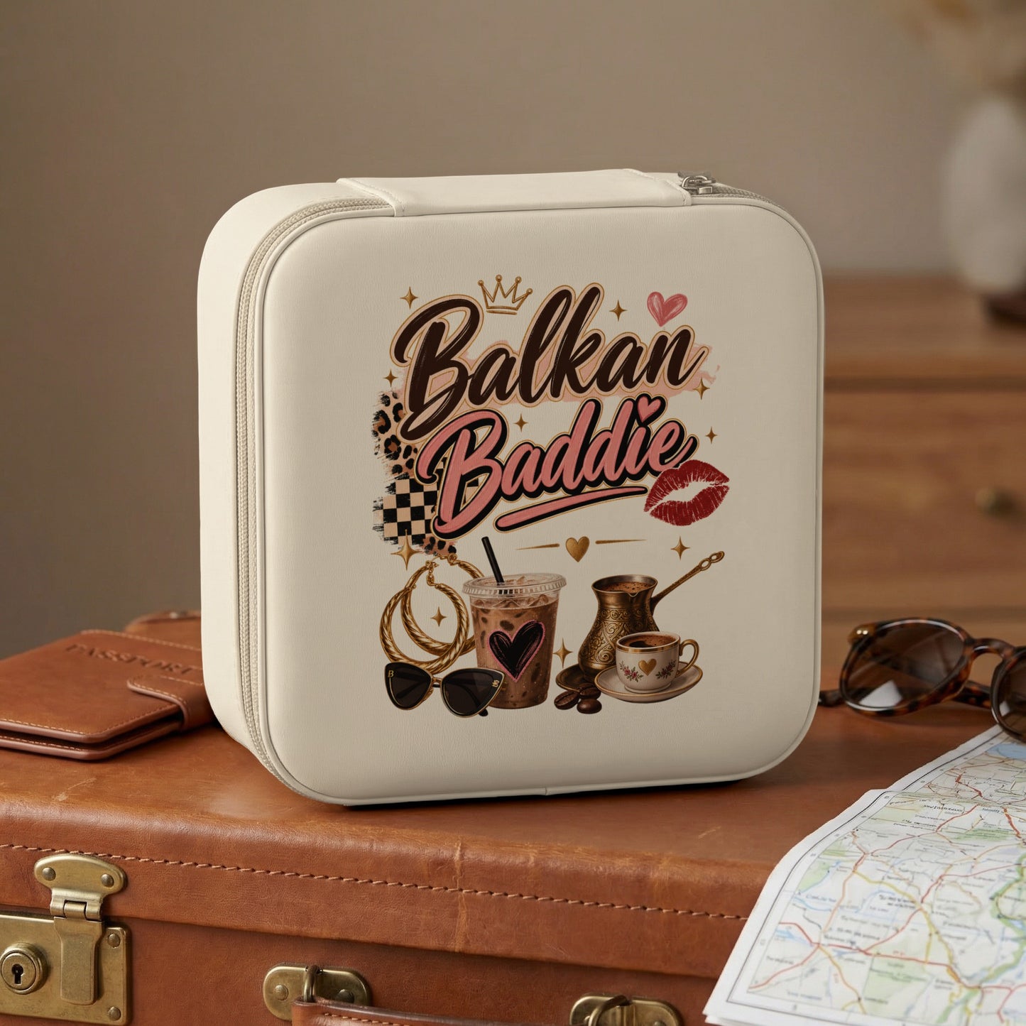 Cream travel case with "Balkan Baddie" graphic, coffee, and accessories.