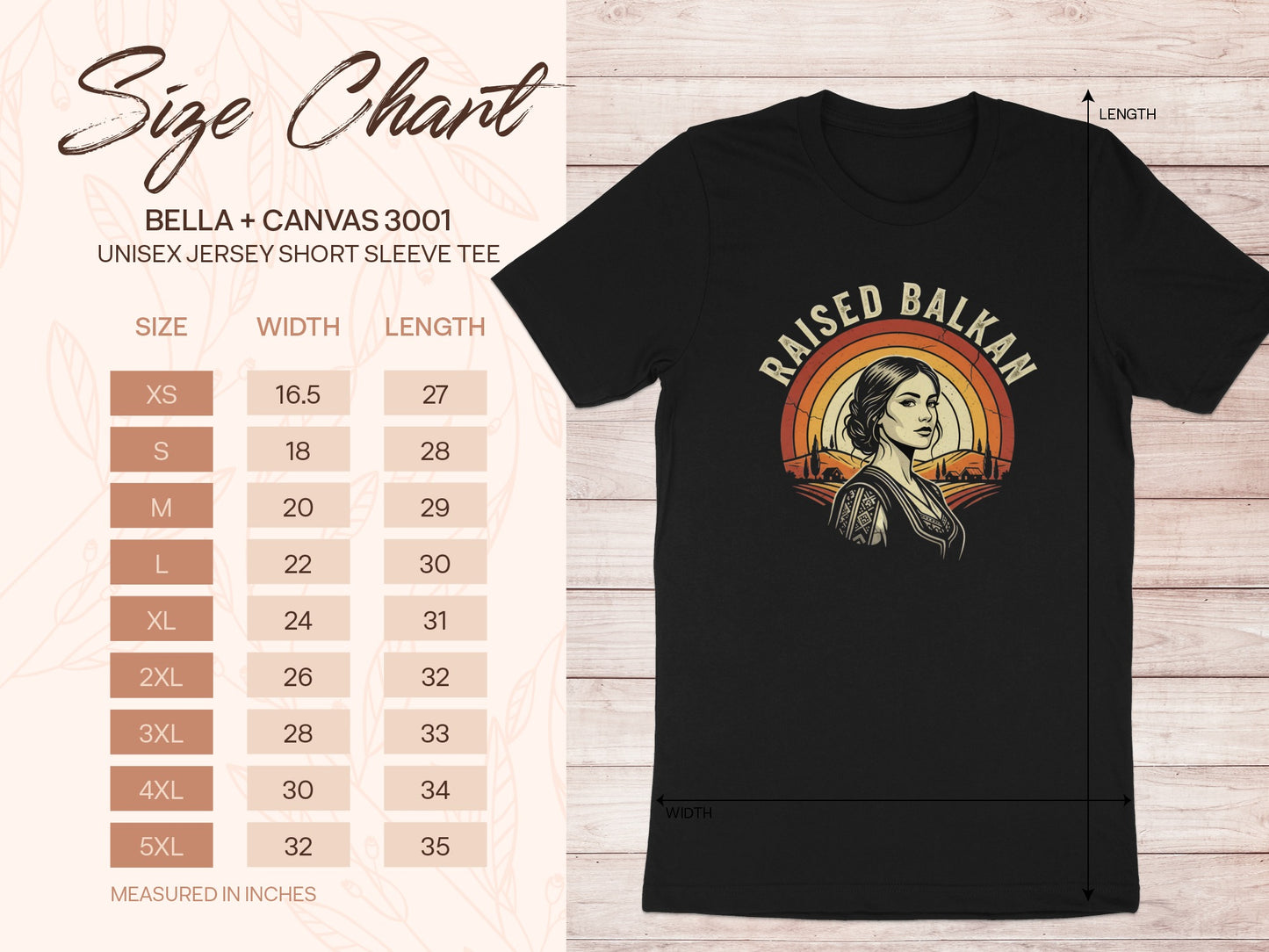 Size chart for a unisex Bella + Canvas 3001 t-shirt, with measurements.