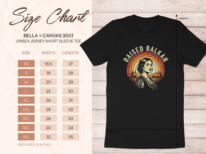 Size chart for a unisex Bella + Canvas 3001 t-shirt, with measurements.