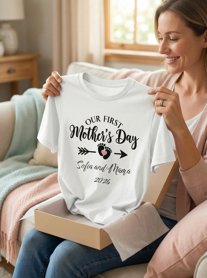 Our First Mother's Day Baby Girl and Mama 2026 Personalized T-shirt and Onesie