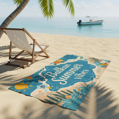 Beach towel with "Balkan Summer Vibes" text and beach scene graphic.
